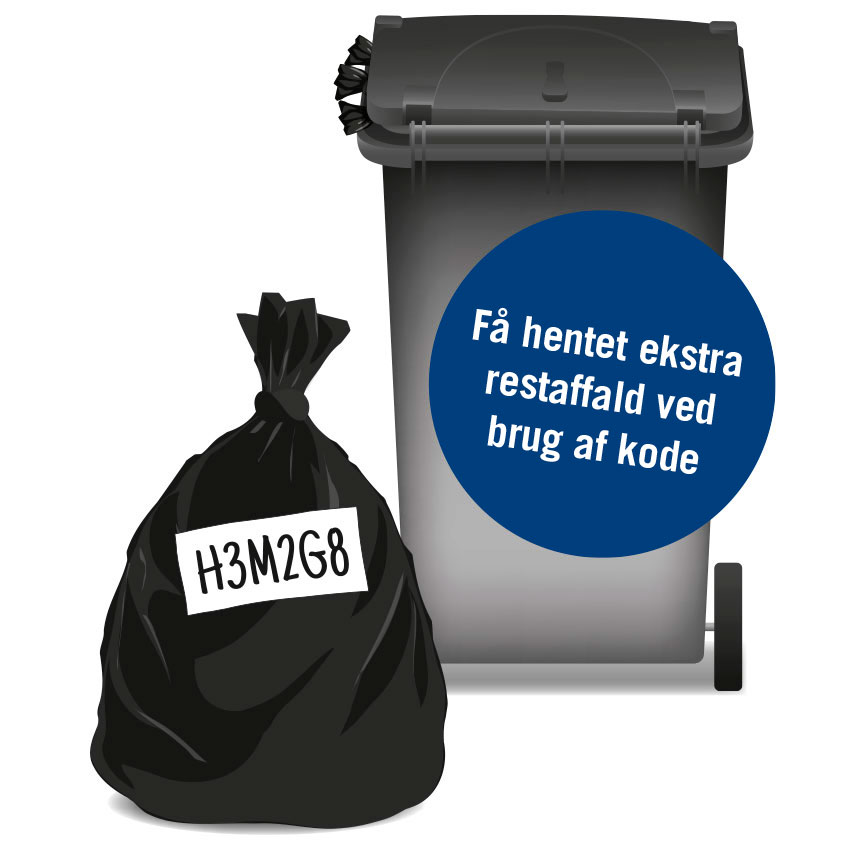 En skraldespand med en skraldepose ved siden af med en kode på.